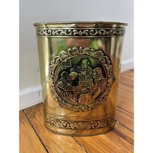VTG MCM Weibro Chicago Embossed Metal Trash Can 13” Gold Family Dinner